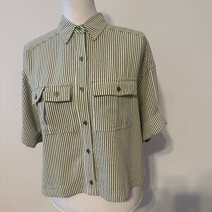 Worthington Size Small Green White Stripped Blouse Top (RN93677)